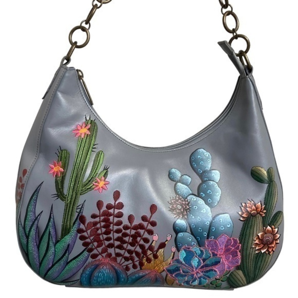 Anuschka gray embroidered and painted leather shoulder bag cactus desert